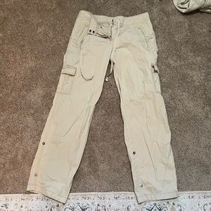 VINTAGE LOW WASTED STRAIGHT CUT KHAKI CARGO PANTS ZIP, LATCH, AND TIE IN FRONT